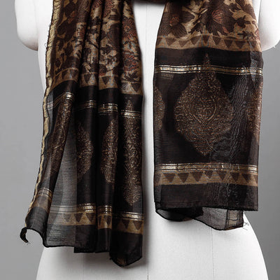 Brown - Bagru Block Printed Chanderi Silk Handloom Stole with Zari Border