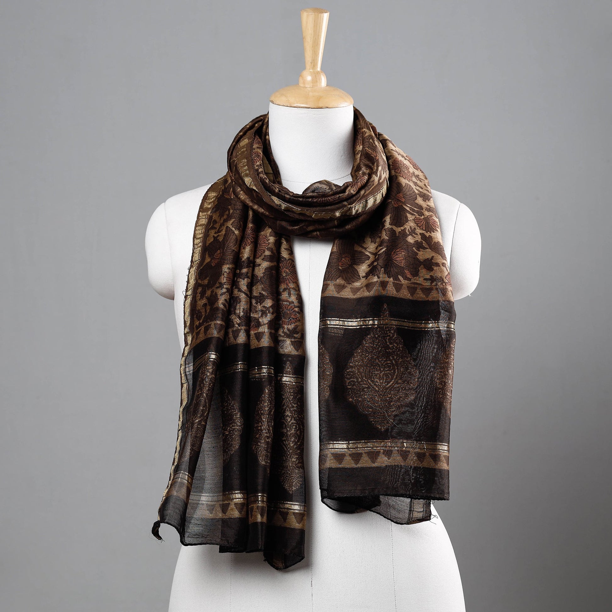 Brown - Bagru Block Printed Chanderi Silk Handloom Stole with Zari Border