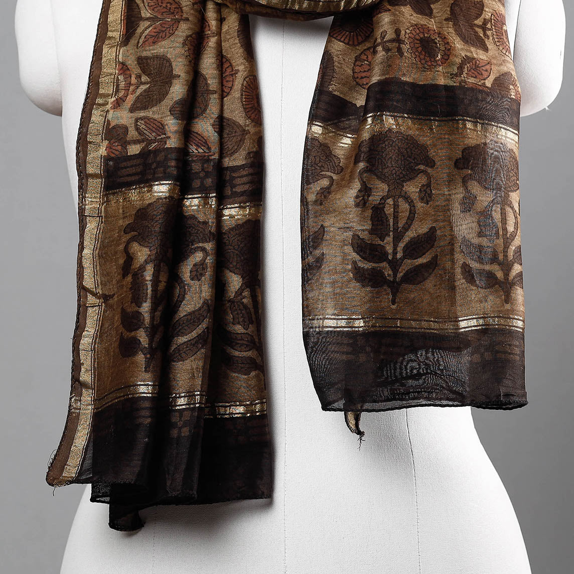 Brown - Bagru Block Printed Chanderi Silk Handloom Stole with Zari Border