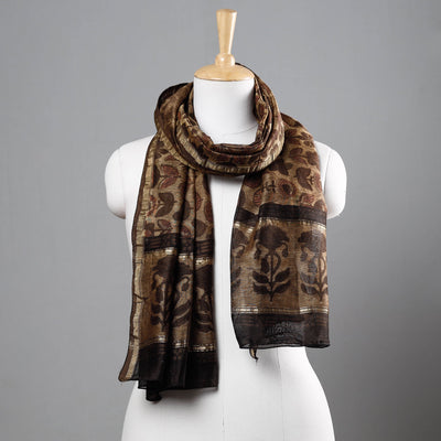 Brown - Bagru Block Printed Chanderi Silk Handloom Stole with Zari Border