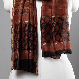 Brown - Bagru Block Printed Chanderi Silk Handloom Stole with Zari Border