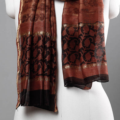 Brown - Bagru Block Printed Chanderi Silk Handloom Stole with Zari Border