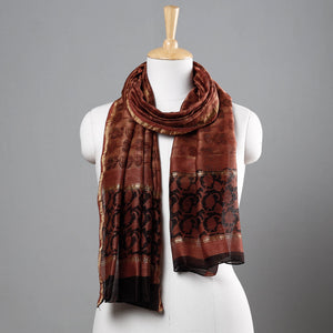 Brown - Bagru Block Printed Chanderi Silk Handloom Stole with Zari Border