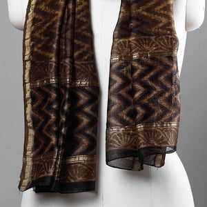 Brown - Bagru Block Printed Chanderi Silk Handloom Stole with Zari Border