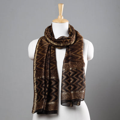 Brown - Bagru Block Printed Chanderi Silk Handloom Stole with Zari Border
