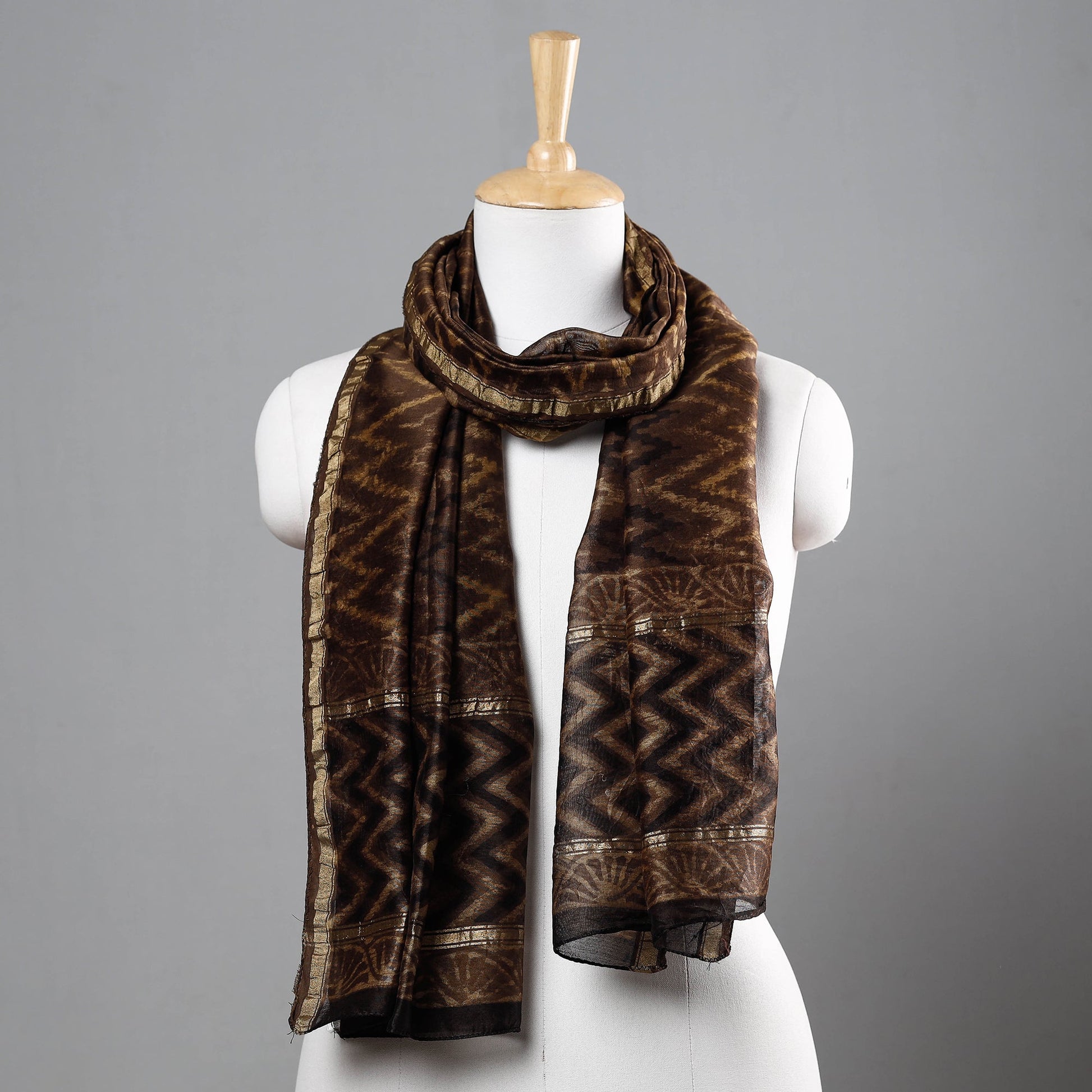 Brown - Bagru Block Printed Chanderi Silk Handloom Stole with Zari Border