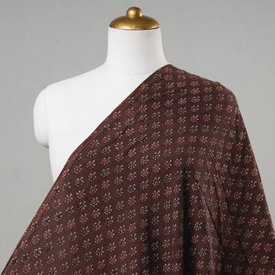 Brown - Geometrical Floral Buti Block Print Cotton Ajrakh Fabric