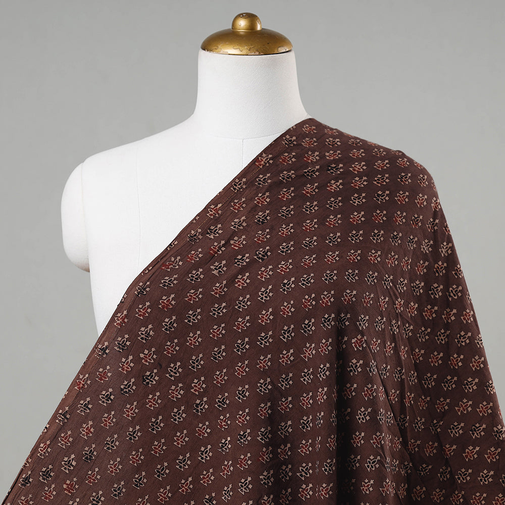 Brown - Geometrical Floral Buti Block Print Cotton Ajrakh Fabric