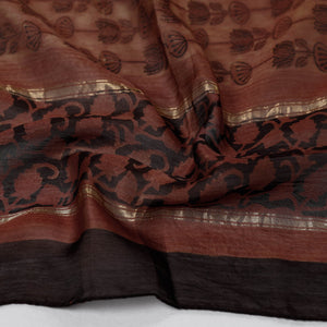 Brown - Bagru Block Printed Chanderi Silk Handloom Stole with Zari Border