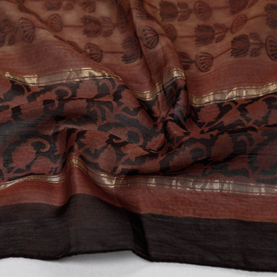 Brown - Bagru Block Printed Chanderi Silk Handloom Stole with Zari Border