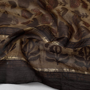 Brown - Bagru Block Printed Chanderi Silk Handloom Stole with Zari Border