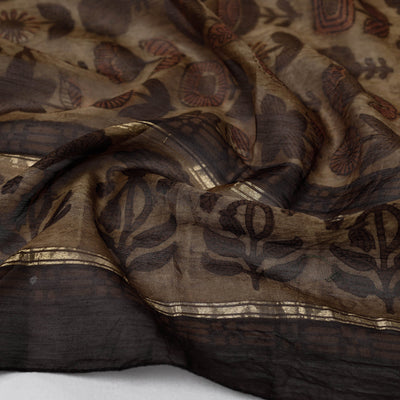 Brown - Bagru Block Printed Chanderi Silk Handloom Stole with Zari Border