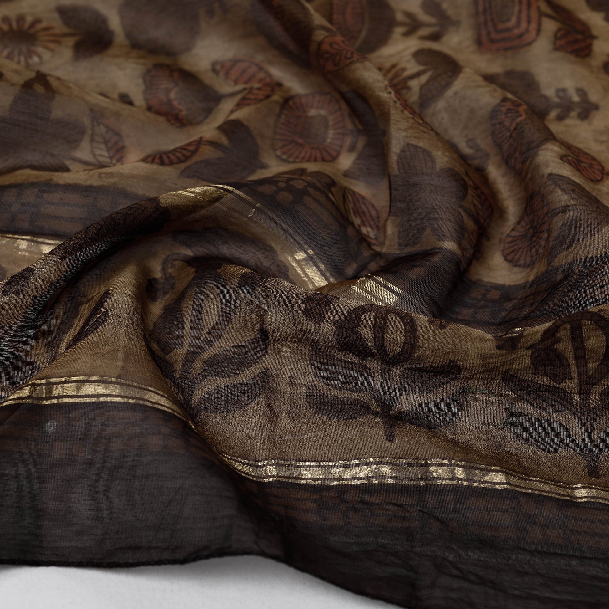 Brown - Bagru Block Printed Chanderi Silk Handloom Stole with Zari Border