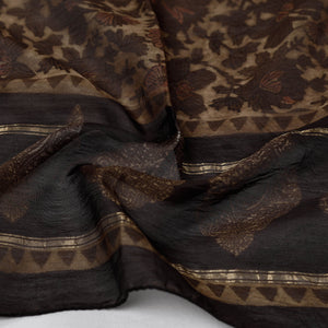 Brown - Bagru Block Printed Chanderi Silk Handloom Stole with Zari Border