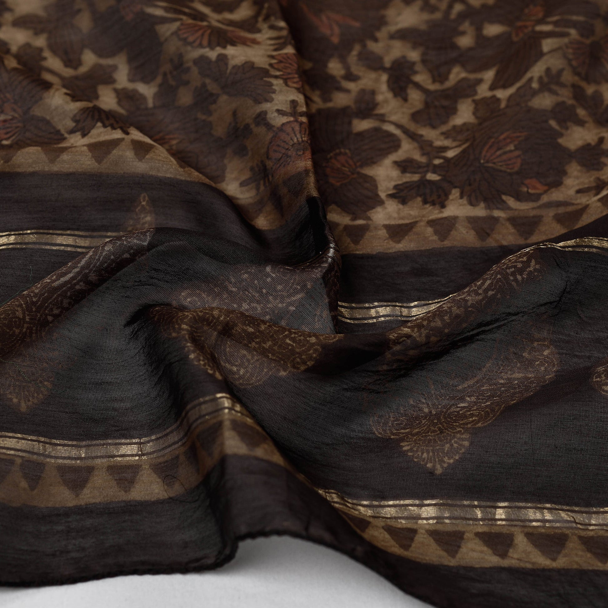 Brown - Bagru Block Printed Chanderi Silk Handloom Stole with Zari Border