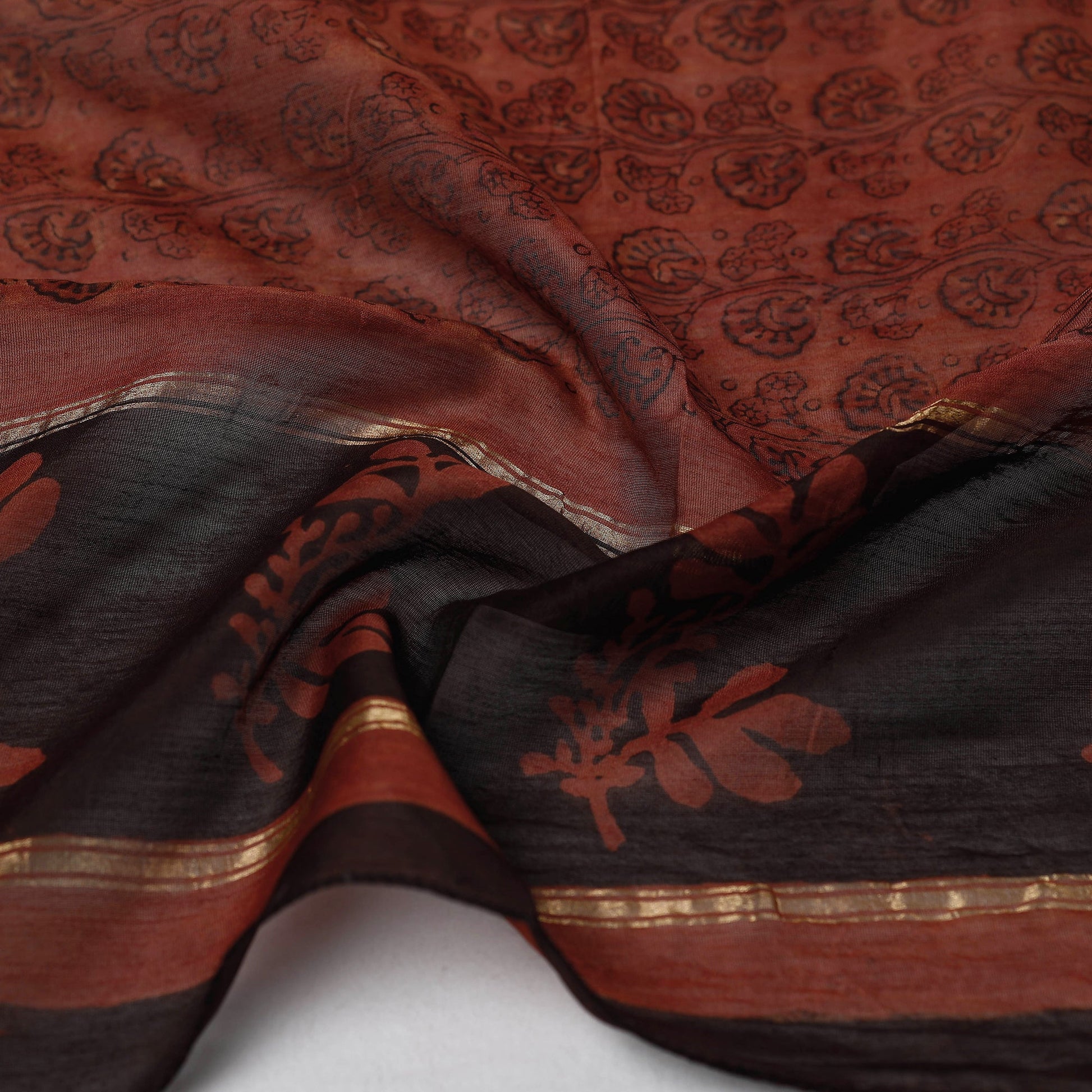 Brown - Bagru Block Printed Chanderi Silk Handloom Stole with Zari Border