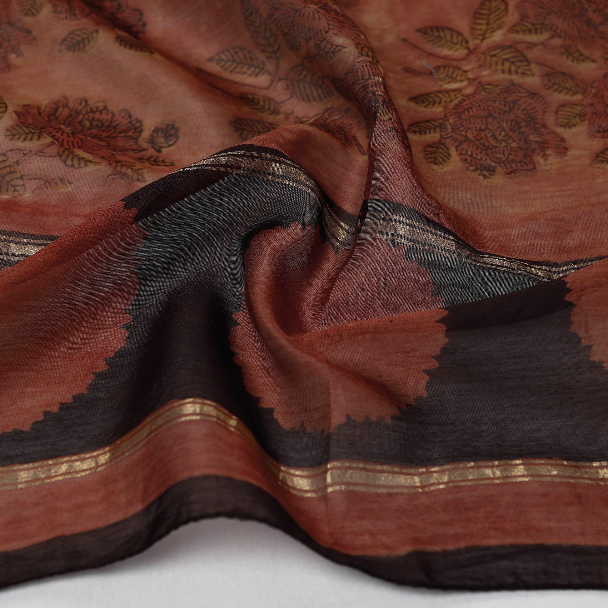 Brown - Bagru Block Printed Chanderi Silk Handloom Stole with Zari Border