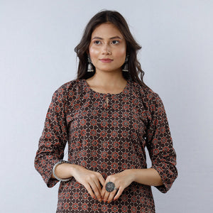 Brown - Geometric Flowers Ajrakh Block Printing Cotton Long Straight Kurta