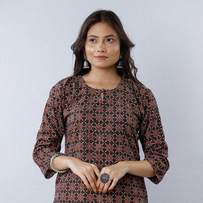 Brown - Geometric Flowers Ajrakh Block Printing Cotton Long Straight Kurta