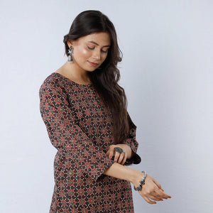 Brown - Geometric Flowers Ajrakh Block Printing Cotton Long Straight Kurta
