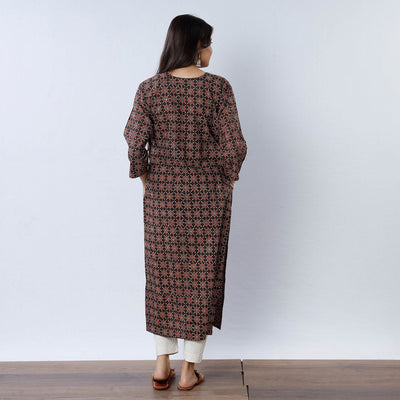 Brown - Geometric Flowers Ajrakh Block Printing Cotton Long Straight Kurta