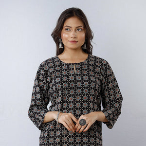 Black - Geometric Flowers Ajrakh Block Printing Cotton Long Straight Kurta