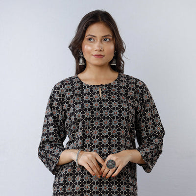 Black - Geometric Flowers Ajrakh Block Printing Cotton Long Straight Kurta