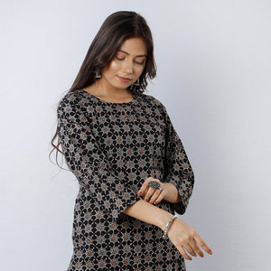 Black - Geometric Flowers Ajrakh Block Printing Cotton Long Straight Kurta