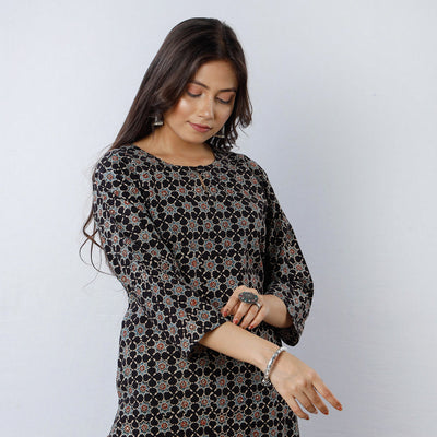 Black - Geometric Flowers Ajrakh Block Printing Cotton Long Straight Kurta