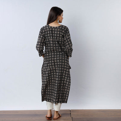 Black - Geometric Flowers Ajrakh Block Printing Cotton Long Straight Kurta