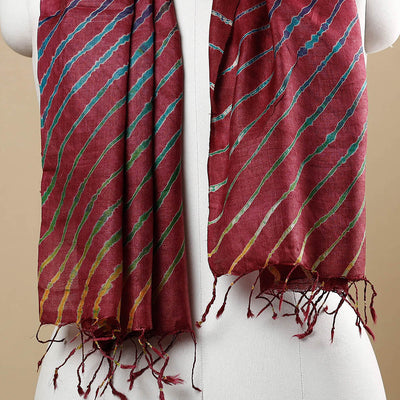 Brown - Multicolour Leheriya Tie-Dye Tussar Silk Handloom Stole with Tassels