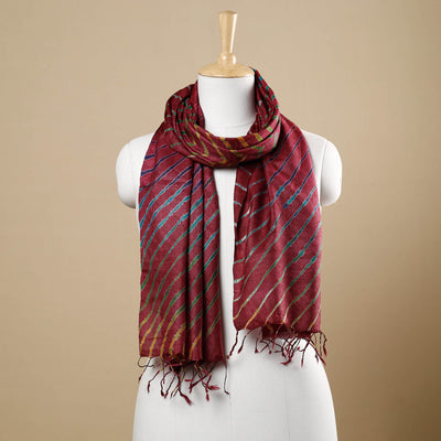 Brown - Multicolour Leheriya Tie-Dye Tussar Silk Handloom Stole with Tassels