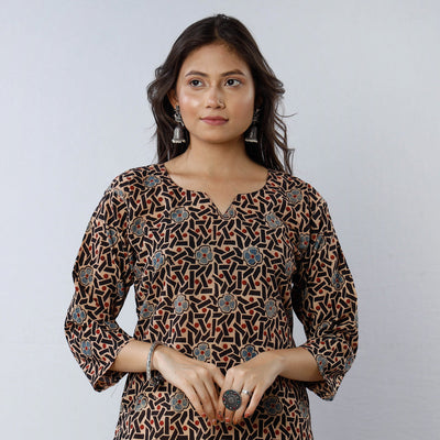 Brown - Indigo Flower Buta Ajrakh Block Printing Long Straight Kurta