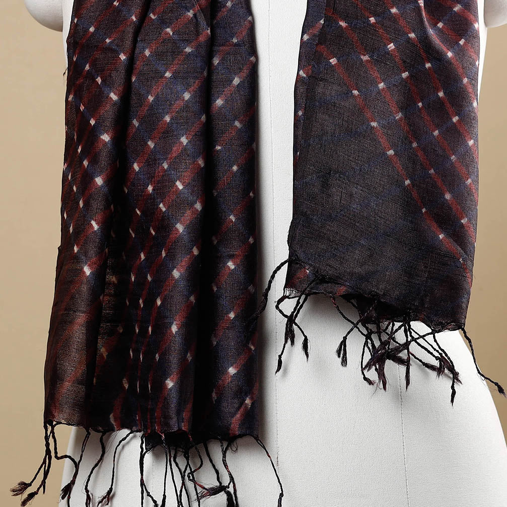 Black - Leheriya Tie-Dye Mothra Tussar Silk Handloom Stole with Tassels