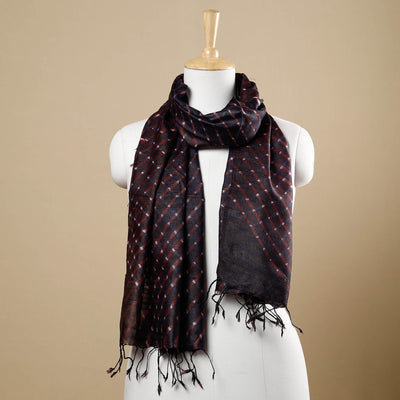 Black - Leheriya Tie-Dye Mothra Tussar Silk Handloom Stole with Tassels