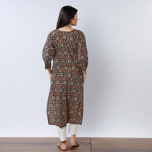 Brown - Indigo Flower Buta Ajrakh Block Printing Long Straight Kurta