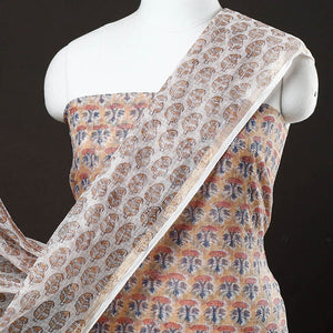 Beige - 3pc Sanganeri Block Printed Kota Doria Suit Material Set