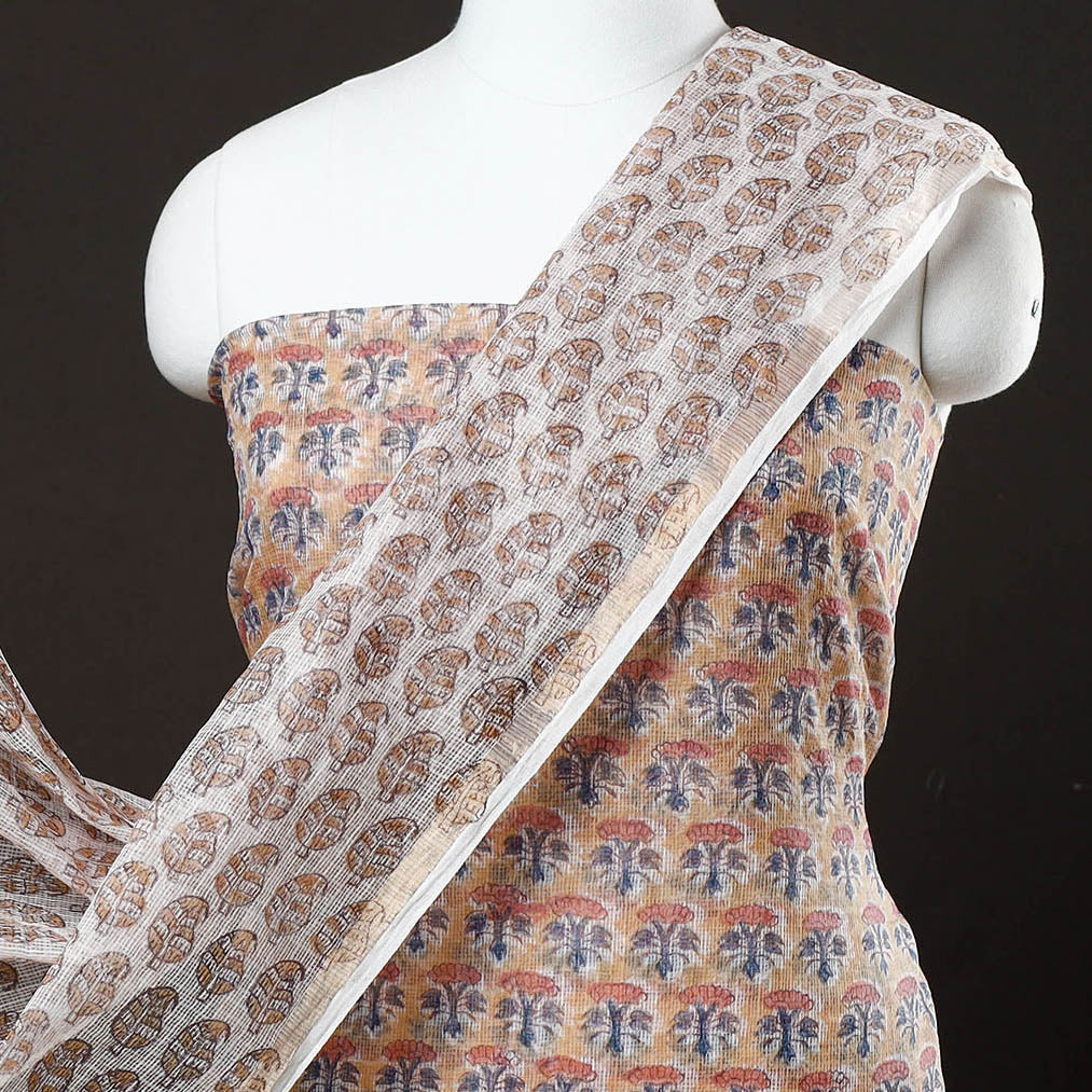 Beige - 3pc Sanganeri Block Printed Kota Doria Suit Material Set