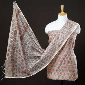 Beige - 3pc Sanganeri Block Printed Kota Doria Suit Material Set