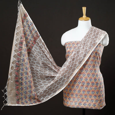 Beige - 3pc Sanganeri Block Printed Kota Doria Suit Material Set
