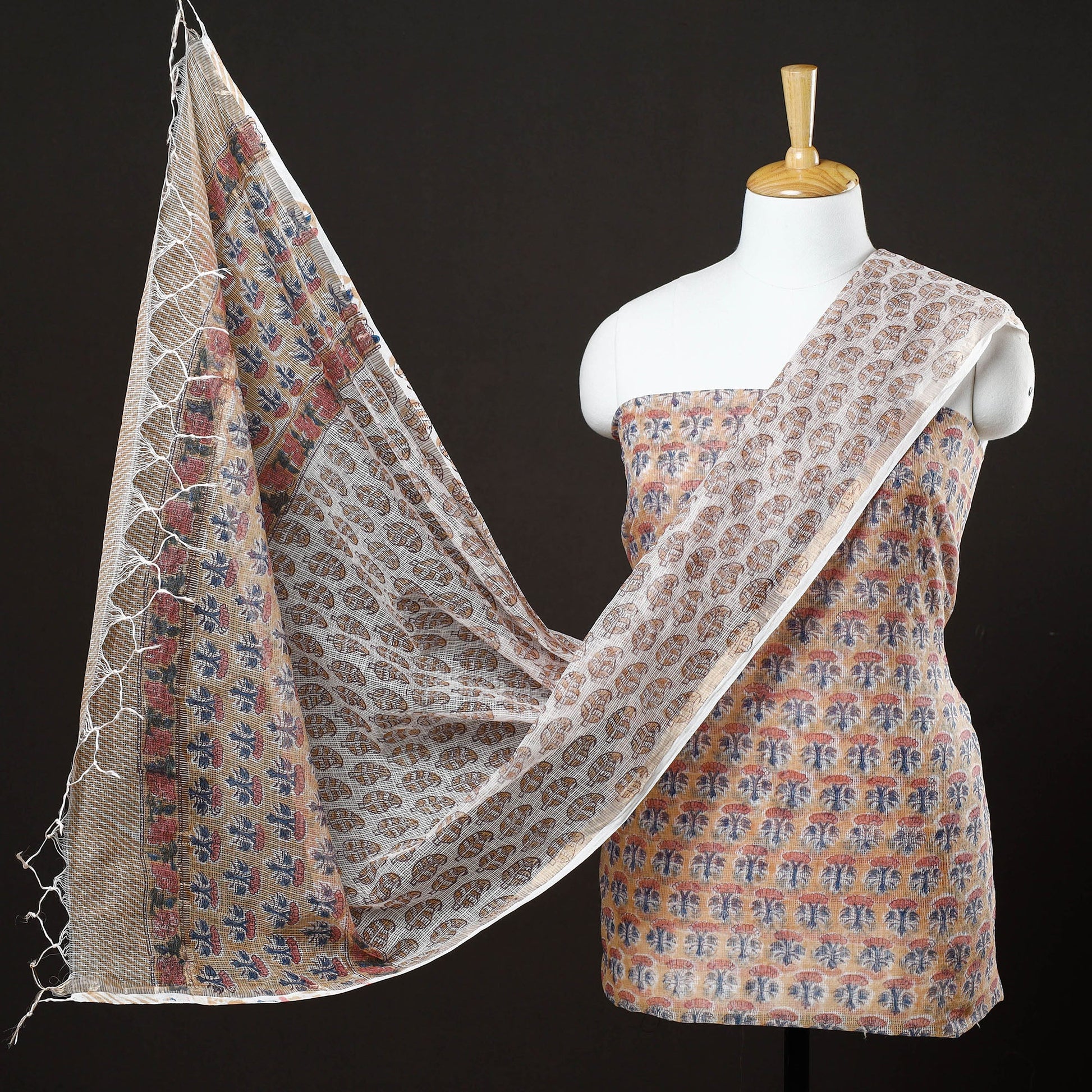 Beige - 3pc Sanganeri Block Printed Kota Doria Suit Material Set