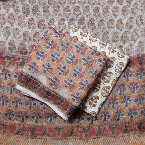 Beige - 3pc Sanganeri Block Printed Kota Doria Suit Material Set