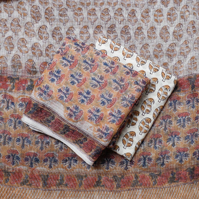 Beige - 3pc Sanganeri Block Printed Kota Doria Suit Material Set