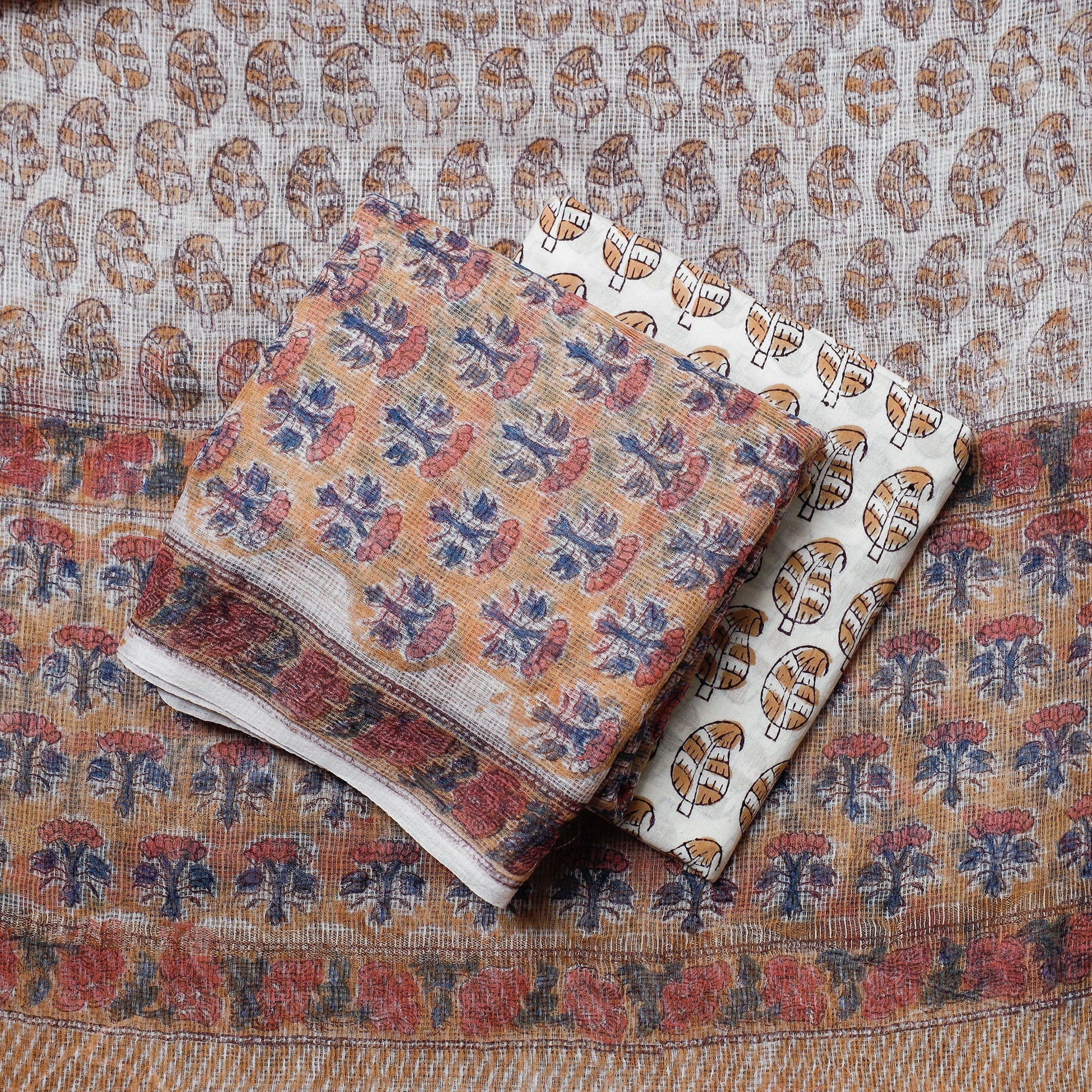 Beige - 3pc Sanganeri Block Printed Kota Doria Suit Material Set