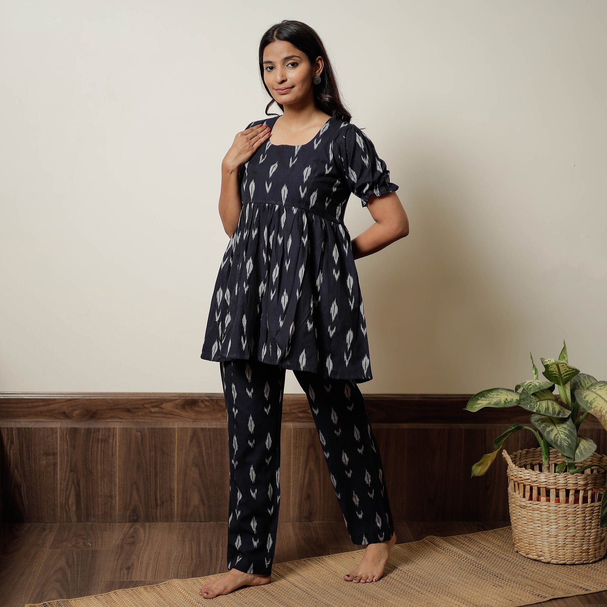 Black - Pochampally Ikat Cotton Top & Pyjama Night Suit Set 18