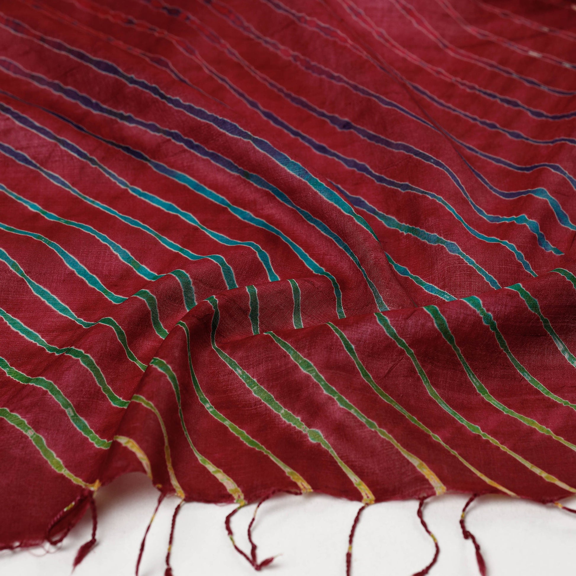 Brown - Multicolour Leheriya Tie-Dye Tussar Silk Handloom Stole with Tassels