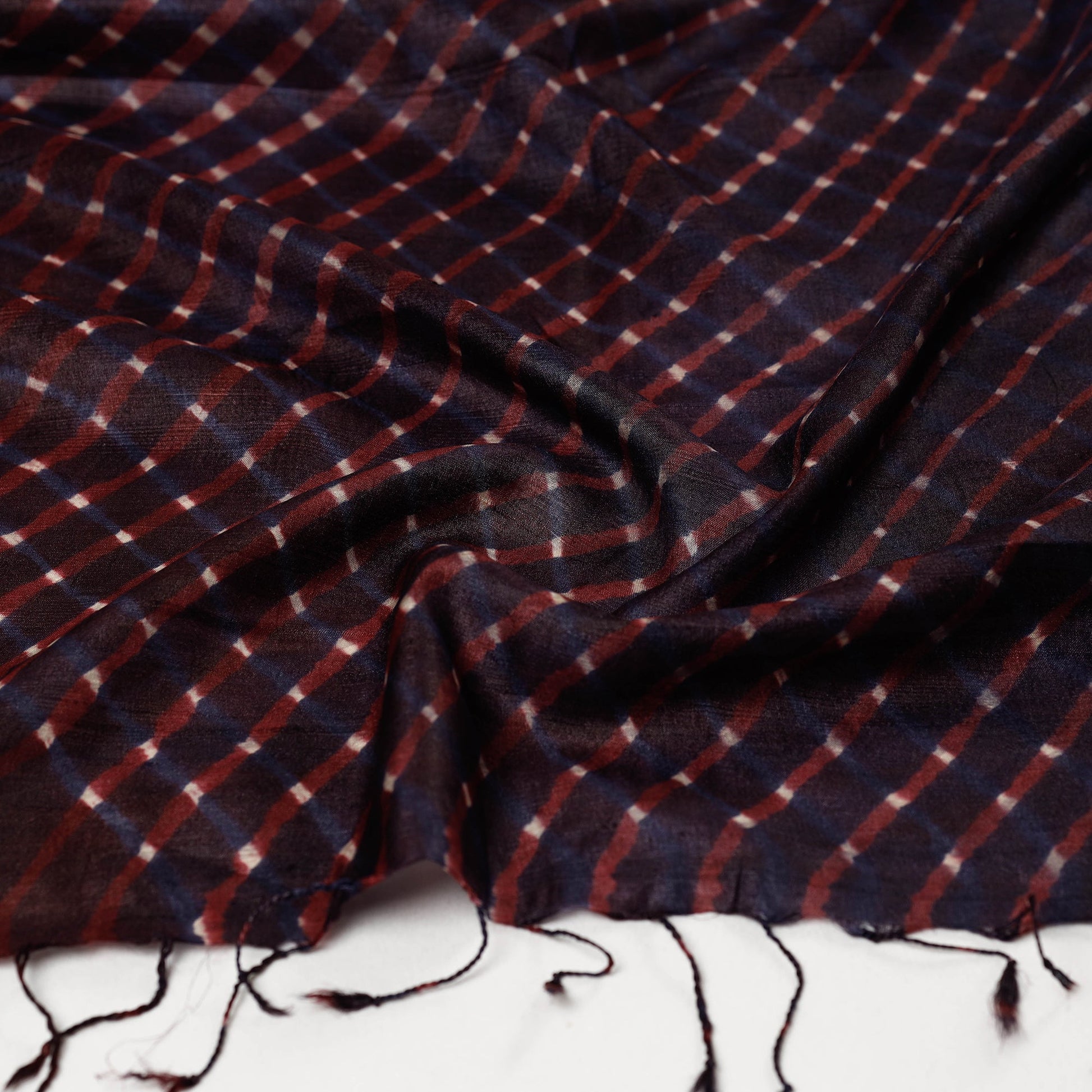 Black - Leheriya Tie-Dye Mothra Tussar Silk Handloom Stole with Tassels