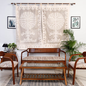 Beige - Tree Cutwork Cotton Barmer Applique Window Curtain