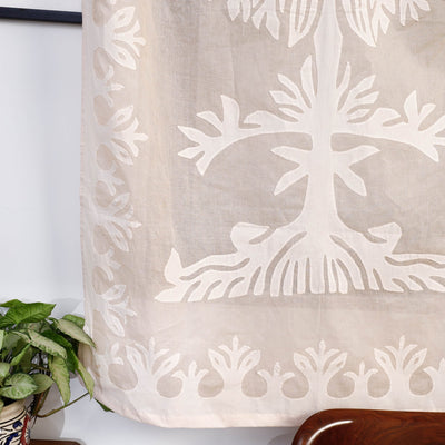 Beige - Tree Cutwork Cotton Barmer Applique Window Curtain