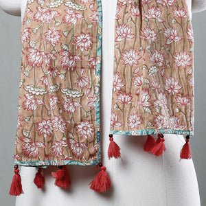 Beige - Sanganeri Block Printed Cotton Stole with Tassels